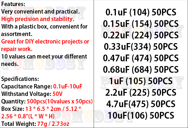 500 قطعة/الوحدة 10 قيم * 50 قط - مراجعة Capacitor Kit Assortment وسعره
